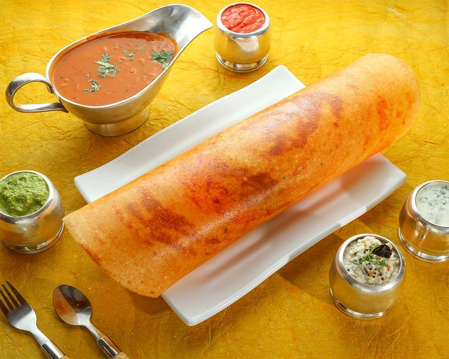 Crispy masala dosa with sambar and coconut and mint chutneys — South Indian dosa in Cairns